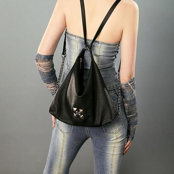 New Black Leather Shoulder Bag with Adjustable Chain Strap - Picture 3 of 6